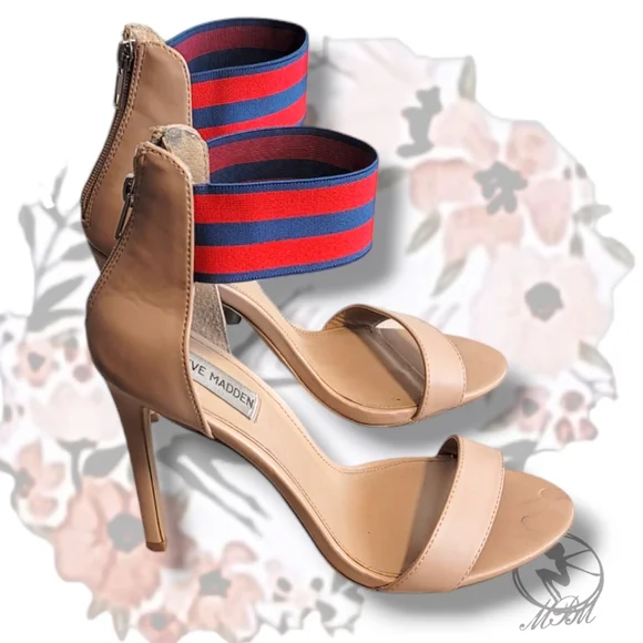 💕 Steve Madden "Paradise" Red and Blue Stripe Elastic Band Nude Heels size 10m - Picture 4 of 6